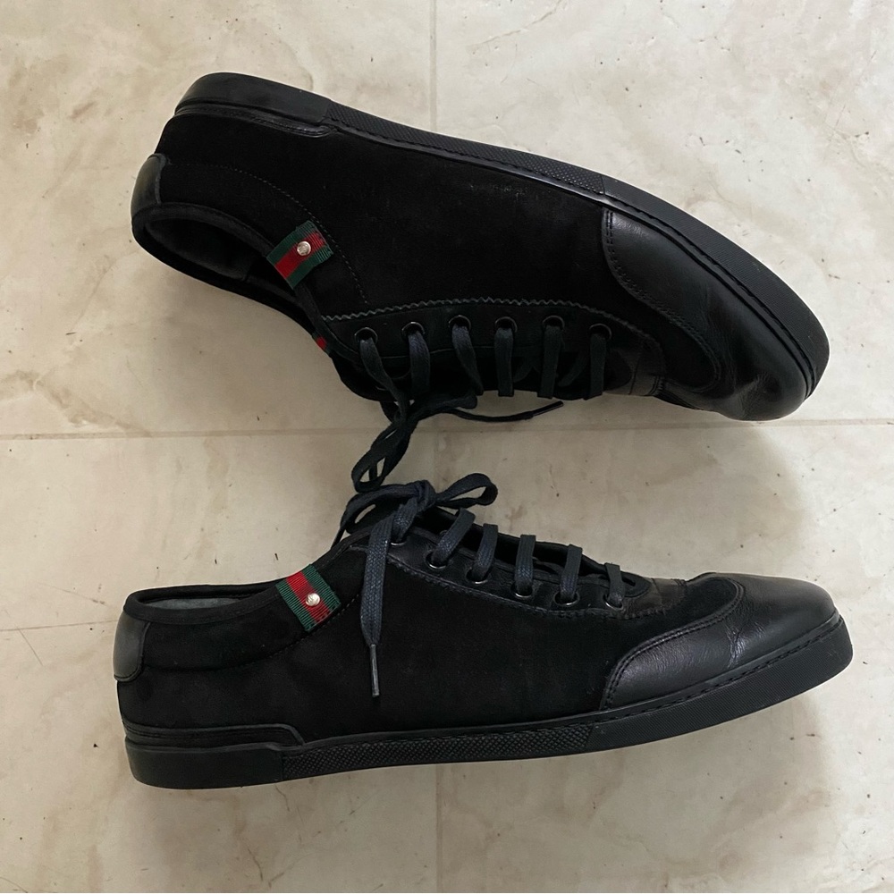 $985 Gucci Made in Italy Black Leather Suede Low Top Men's Sneakers Size 9 - Picture 2 of 12
